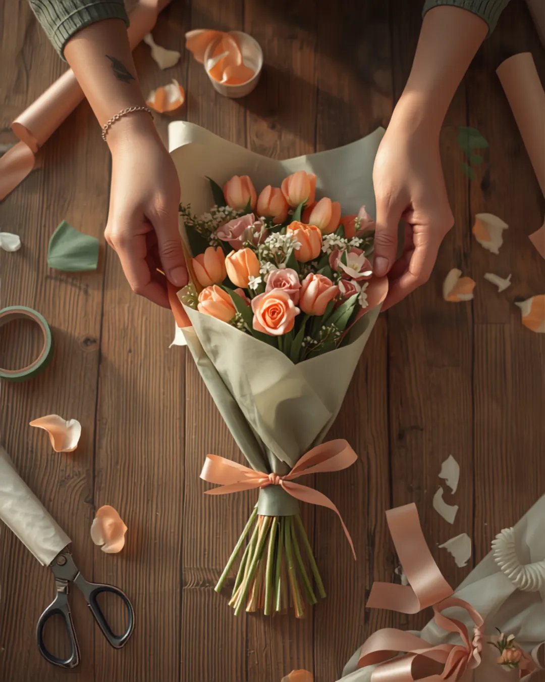 Hands Crafting a Vibrant Handmade Bouquet