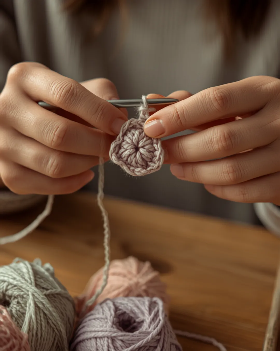 Hands Crocheting Pastel Flower with Yarn