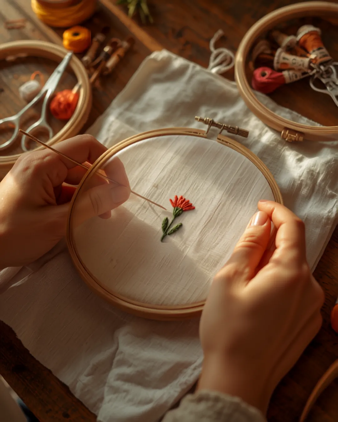 Hands Embroidering Floral Design at a Cozy Table