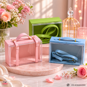 Premium clear acrylic belt gift box with elegant ribbon handle
